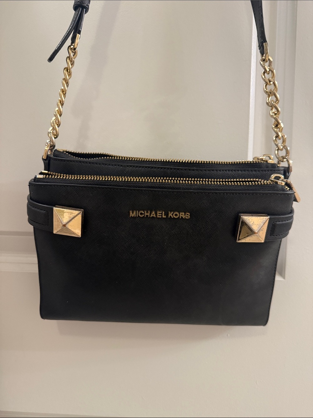 Michael Kors Black Leather Shoulder Bag with Gold Hardware